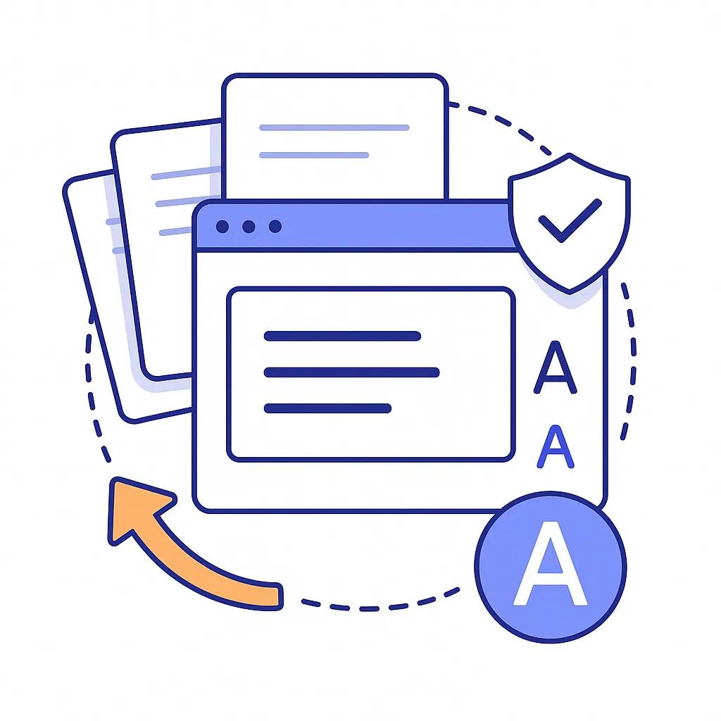 Documents and browser window with shield checkmark and circular arrow depicting regulatory review and version control.