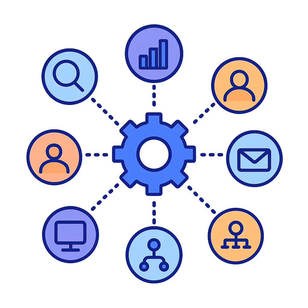 Central gear connected by dotted lines to various icons like mail, person, magnifying glass and chart symbolizing a unified identity graph.
