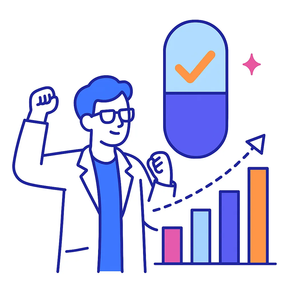 Scientist cheering beside an upward trending bar chart and pill icon representing growth from a new drug launch.