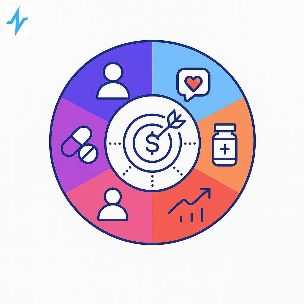 Circular diagram with five segments showing icons for people, pills, heart, chart and bar graph in a radial layout.