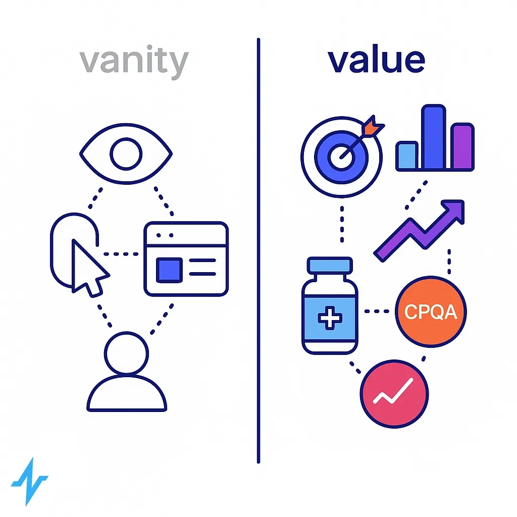 Split graphic comparing greyed vanity icons to vibrant value metric icons connected by dotted lines.