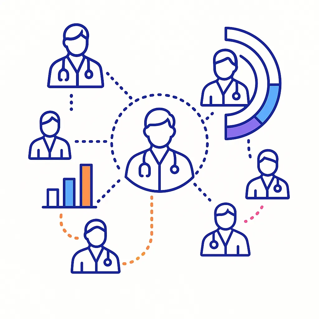 Central doctor connected by dotted lines to multiple HCP icons with frequency bars indicating exposure bands.