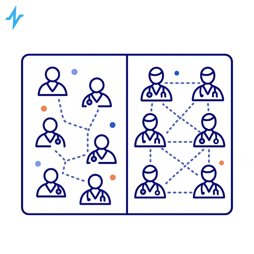 Two panels showing a sparse doctor network versus a dense interconnected network illustrating coverage gap improvement.