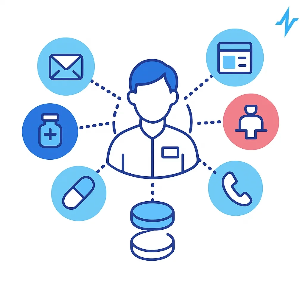 Central figure surrounded by icons for email, web, pills, phone and sample request connected by dotted lines.