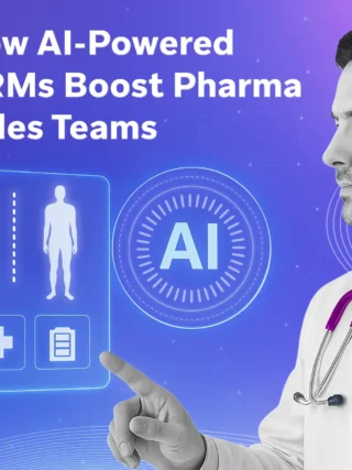 Doctor pointing at holographic CRM icons and an “AI” badge on a purple gradient, representing AI-driven sales enablement.