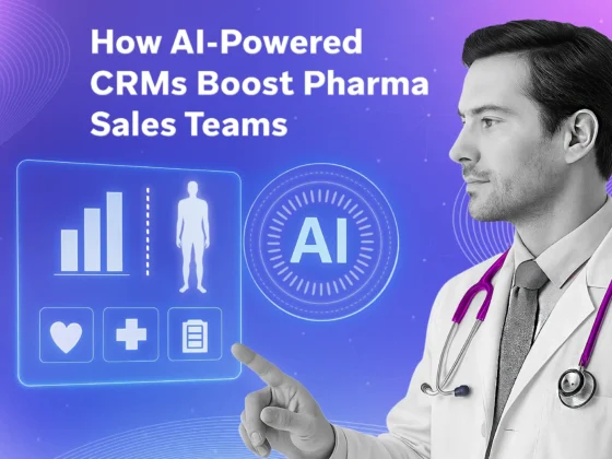 Doctor pointing at holographic CRM icons and an “AI” badge on a purple gradient, representing AI-driven sales enablement.