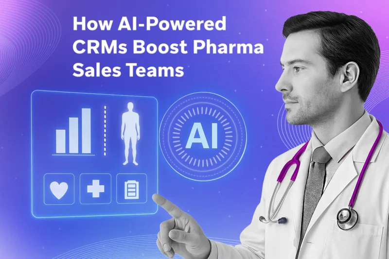 Doctor pointing at holographic CRM icons and an “AI” badge on a purple gradient, representing AI-driven sales enablement.