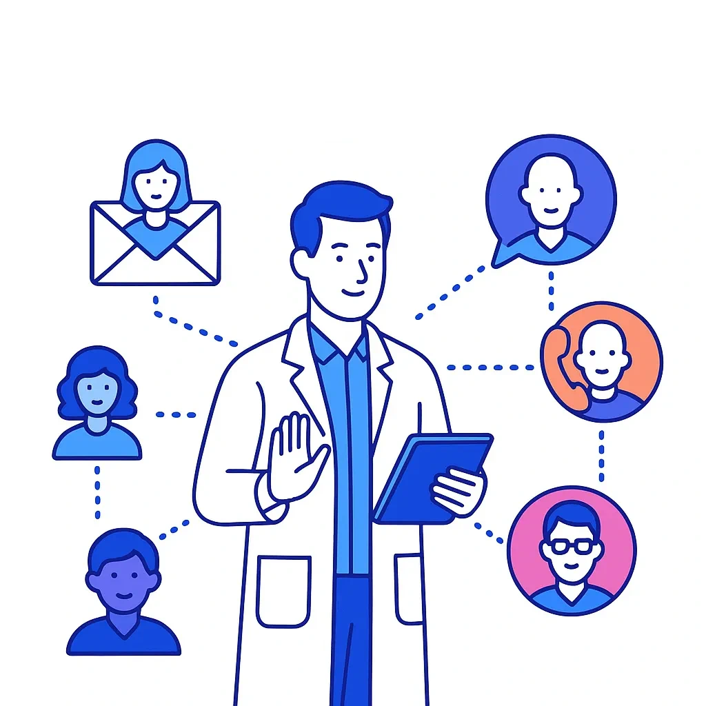 Illustration of a doctor connecting with patients via email, text, calls, and video, using dotted lines to symbolize communication.