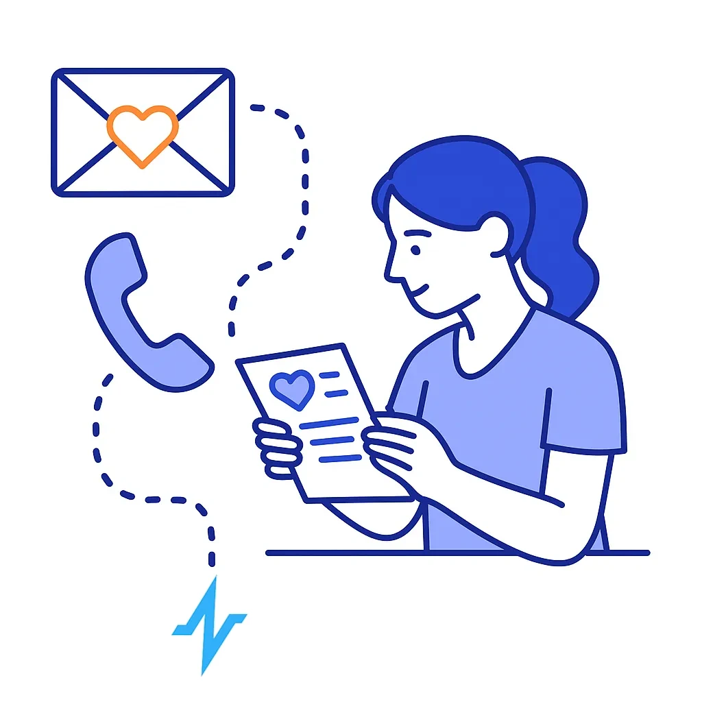 A woman reads a letter while phone and mail icons show traditional methods still playing a role in outreach.