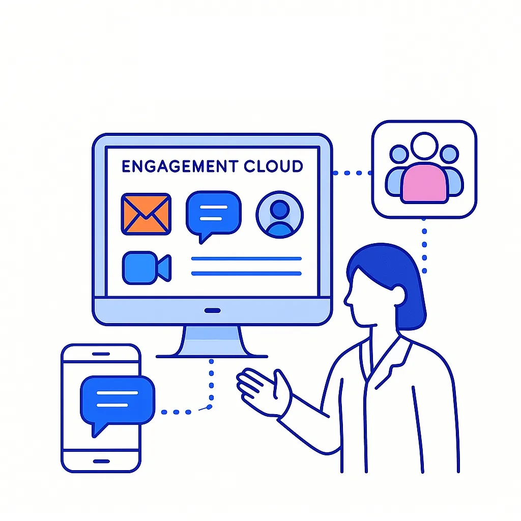 Dashboard connects email, chat, and video icons for omnichannel campaigns and targeted messaging.