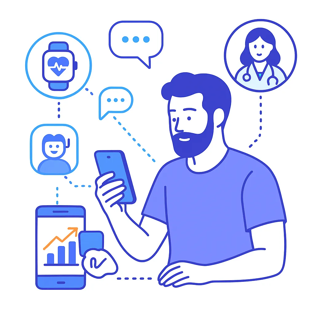 Patient with a wearable and smartphone links to a remote provider demonstrating technology’s role in engagement.