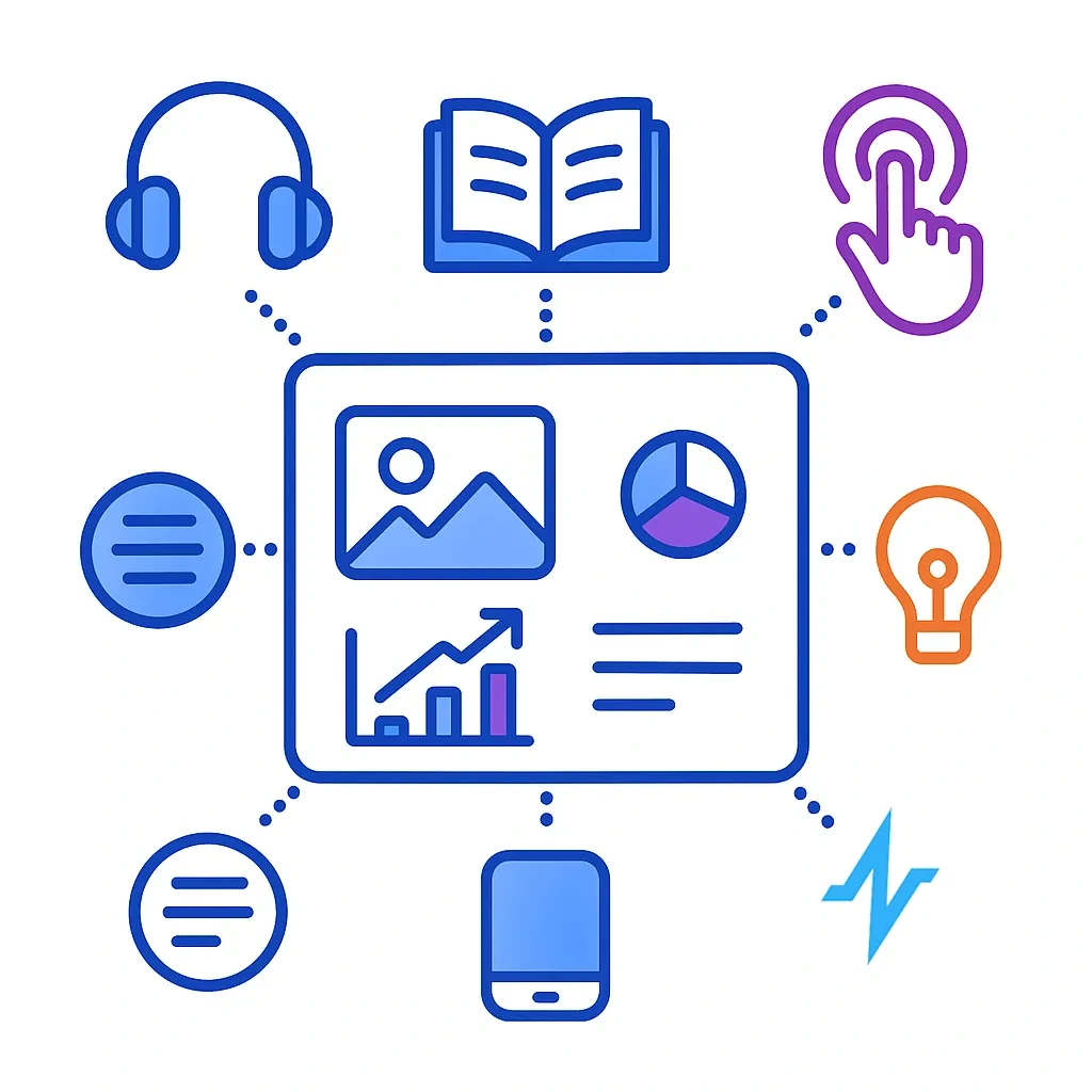 A central board with charts and icons surrounded by book, audio, and touch symbols reflects varied educational materials.