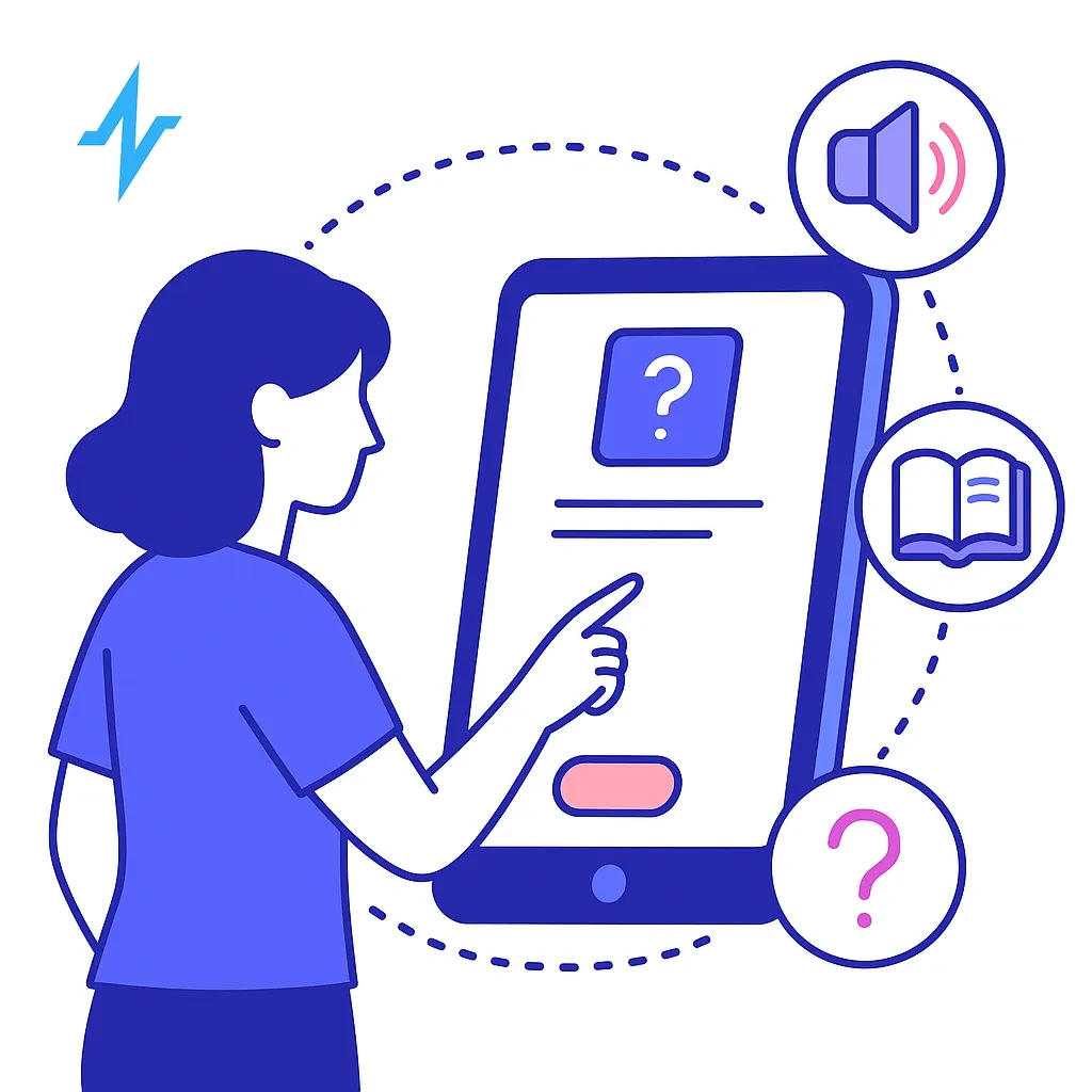 Patient interacts with a touchscreen with question and book icons, illustrating interactive education support.
