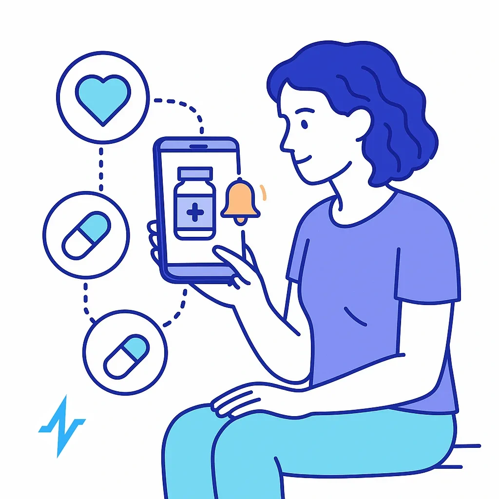 Patient receives medication reminders via phone while heart and pill icons encourage self-management.