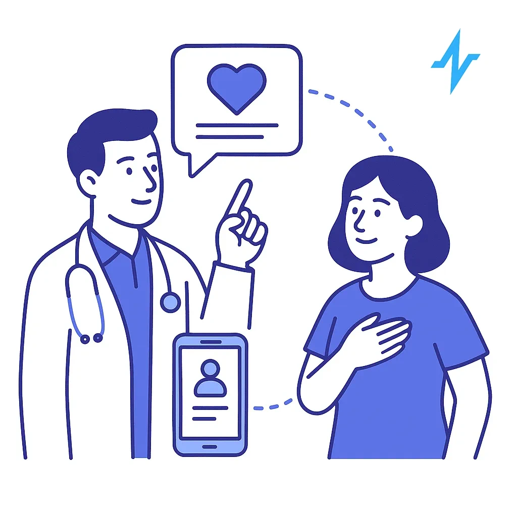 Doctor motivates a patient with a heart message to encourage compliance and adherence to care plans.