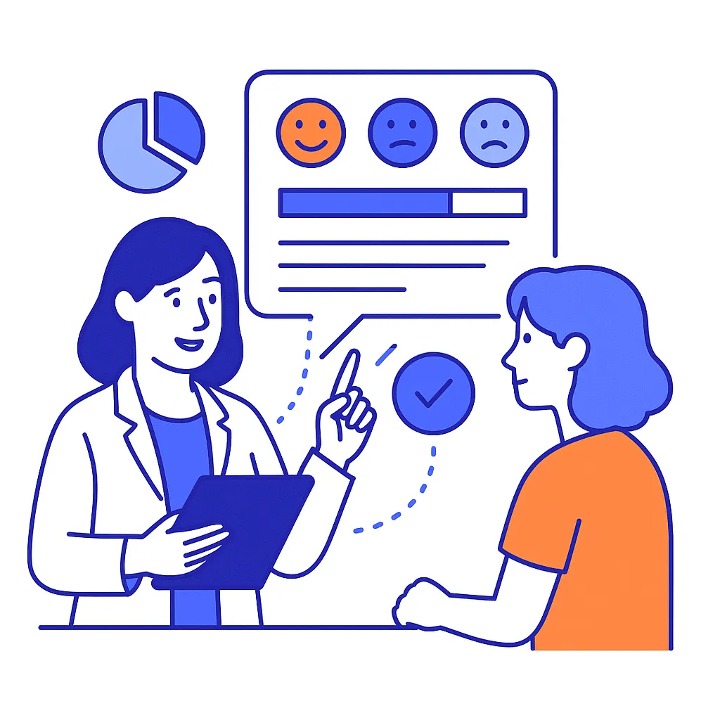 Provider reviews patient satisfaction feedback, graphs, and check marks to inform continuous improvement.