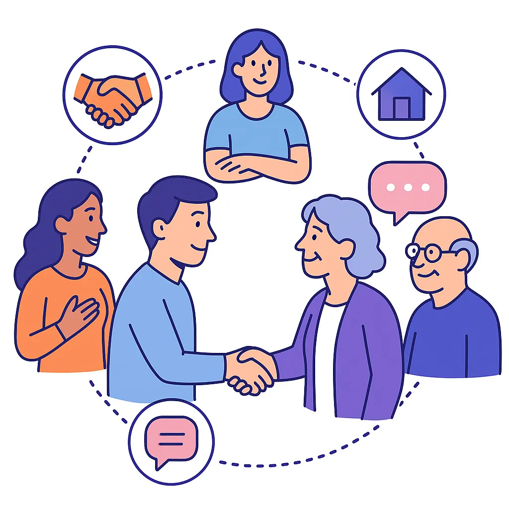 A group of patients meeting and shaking hands with community icons illustrate peer support and resources.