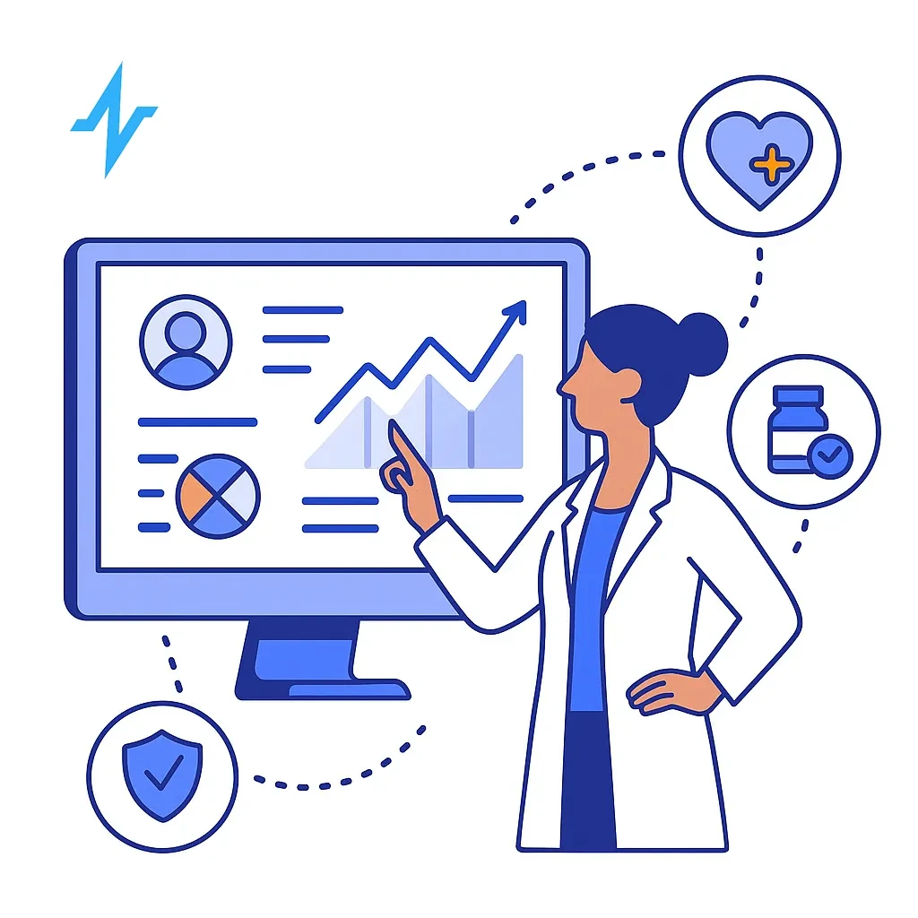 Healthcare professional reviews charts and icons of health conditions and medication adherence to tailor outreach.
