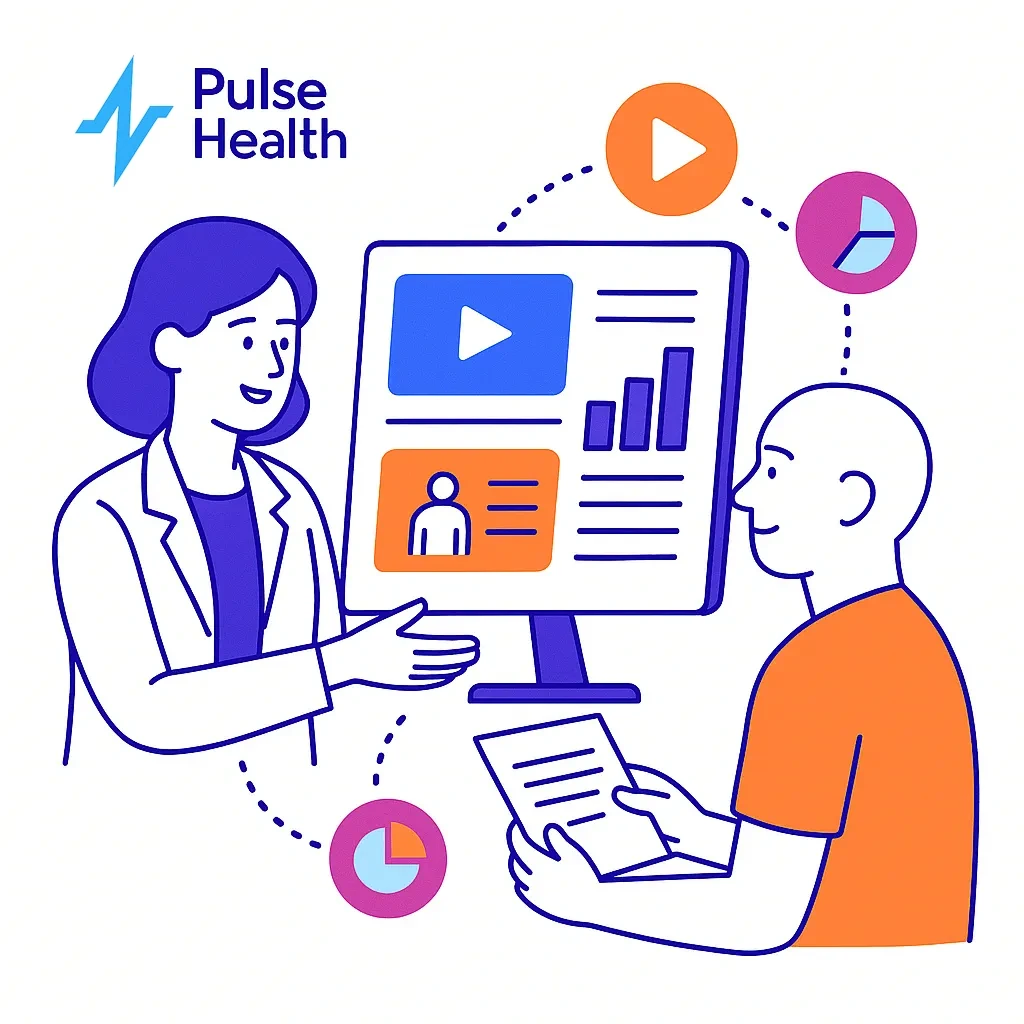 Provider shares multimedia educational content with a patient using interactive materials and charts.