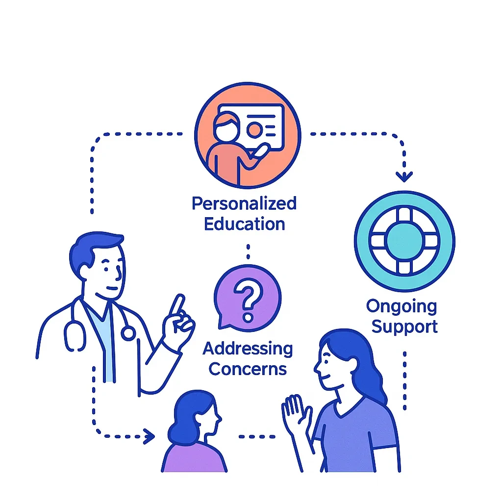 A three-step flow depicts personalized education, addressing concerns, and ongoing support in an outreach strategy.
