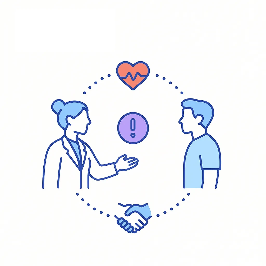 Doctor and patient linked by a dotted line circle emphasize long-term communication and early issue detection.