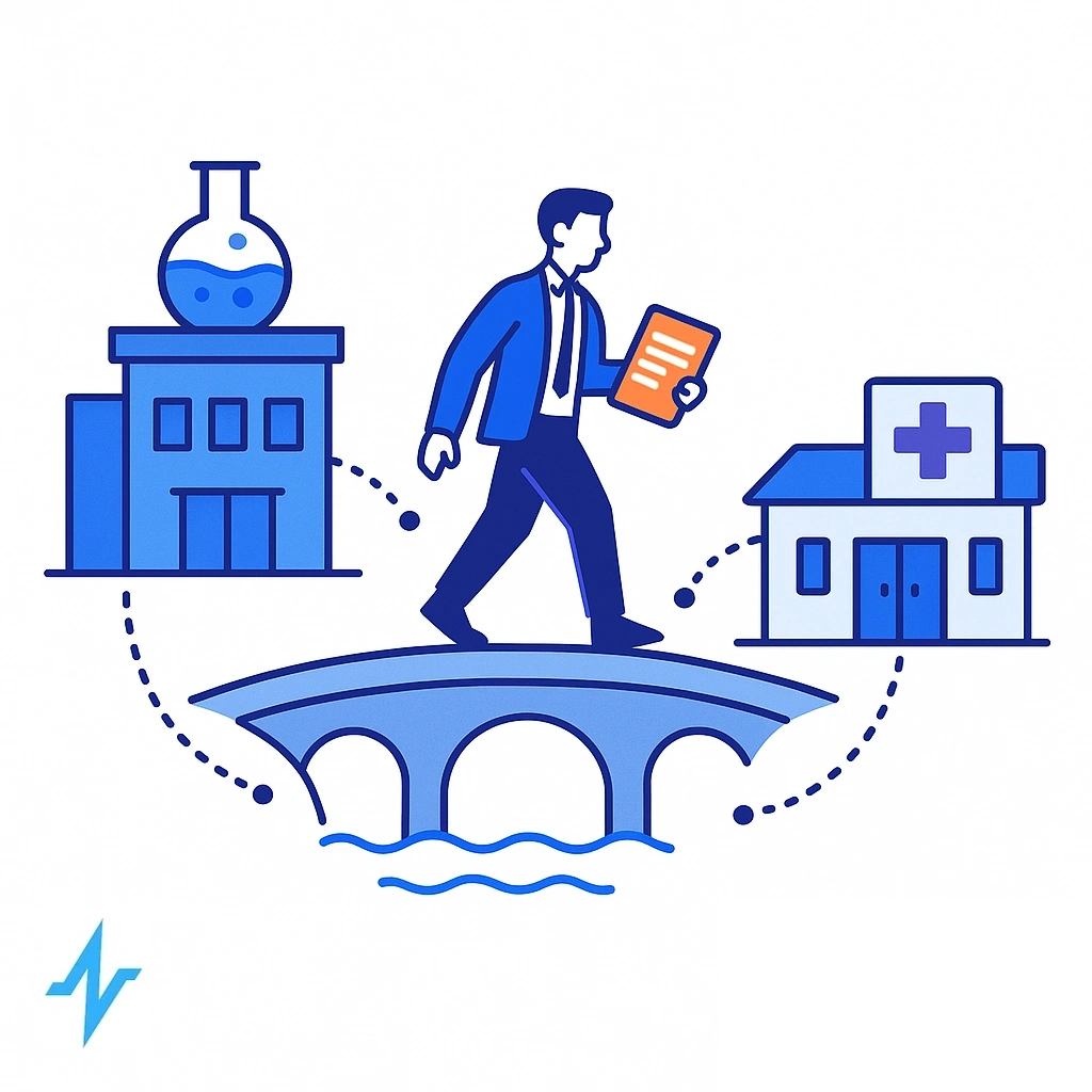 Pharma rep crossing a bridge between a lab and a hospital, dotted lines symbolizing communication.