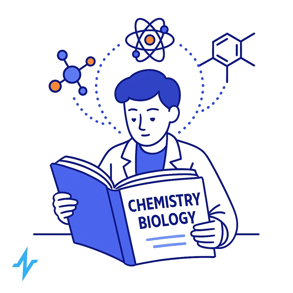Student in lab coat reading chemistry/biology; molecular icons linked by dotted lines.