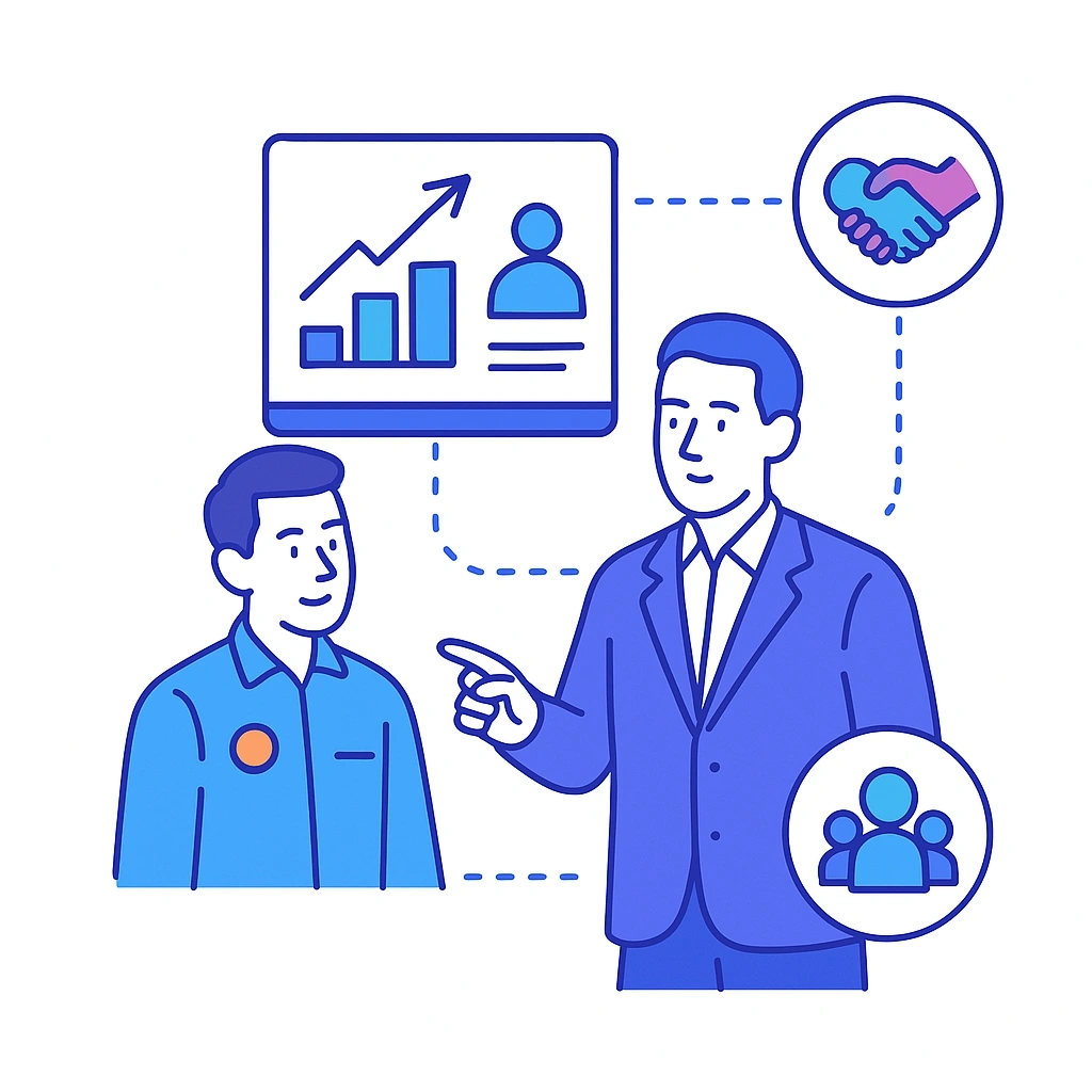 New rep learning from a mentor; presentation and handshake icons connected by dotted lines.