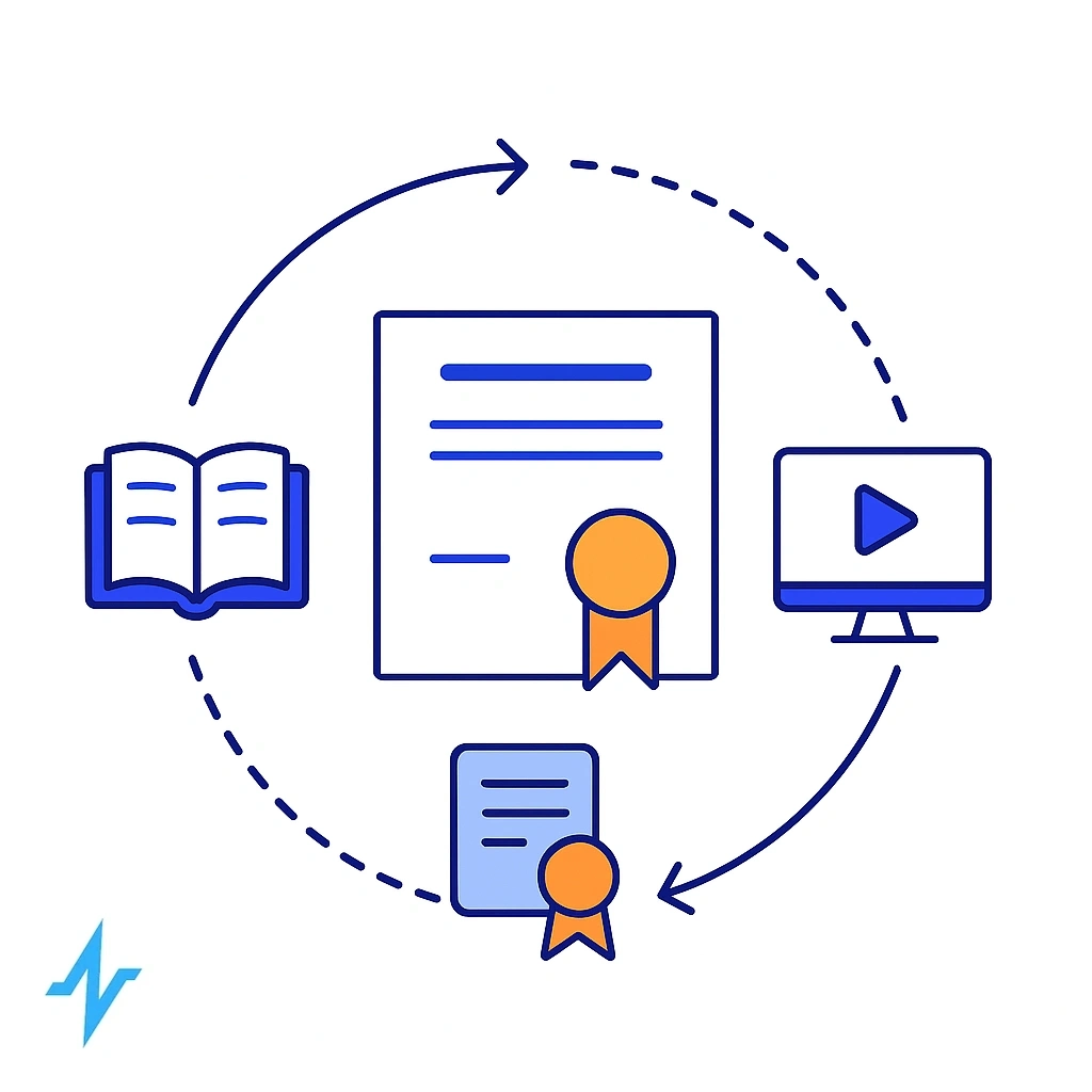 Certificate and ribbon with circular arrows; books and online course icons linked by dots.