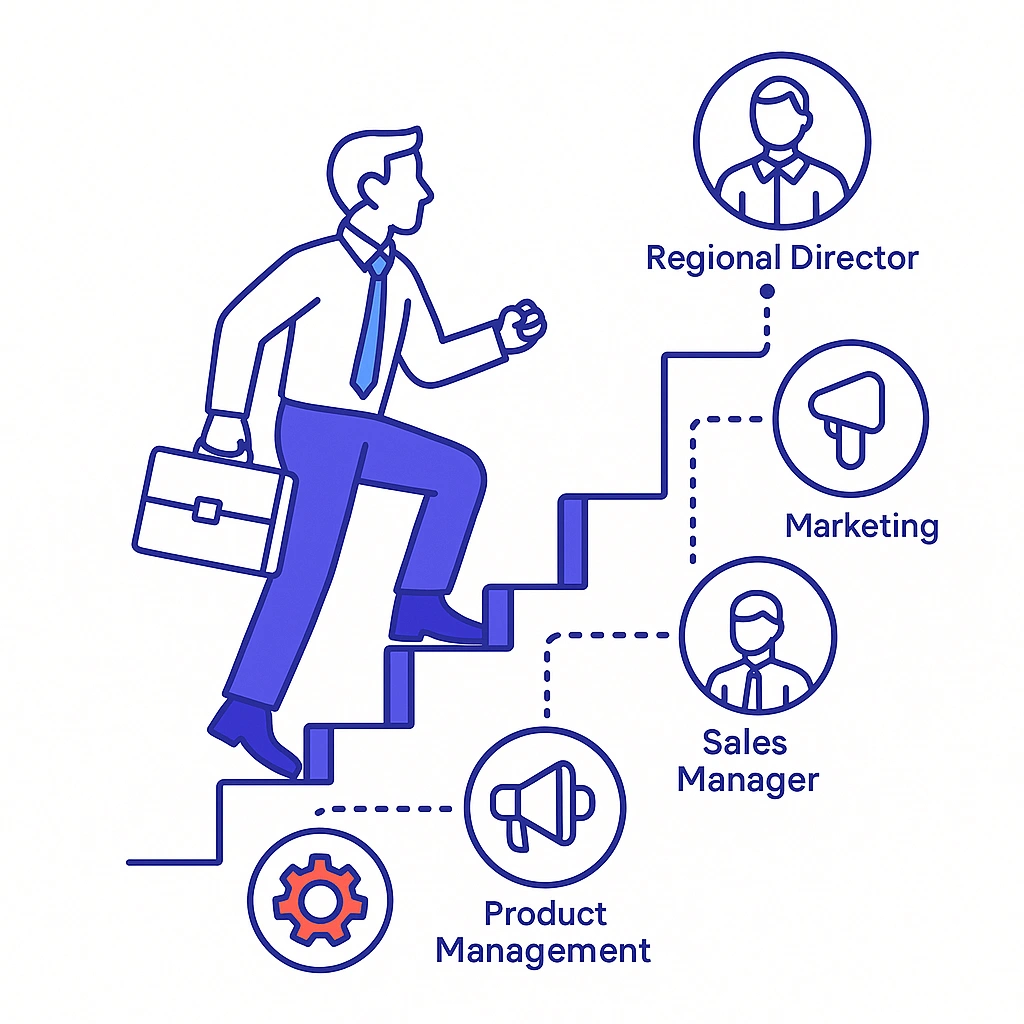 Rep ascending stairs toward manager, marketing, regional director; dotted connections.