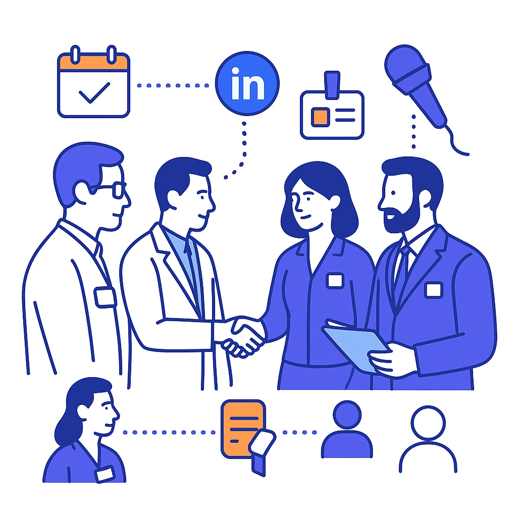 People exchanging business cards; calendar, LinkedIn, badge, mic icons connected by dots.