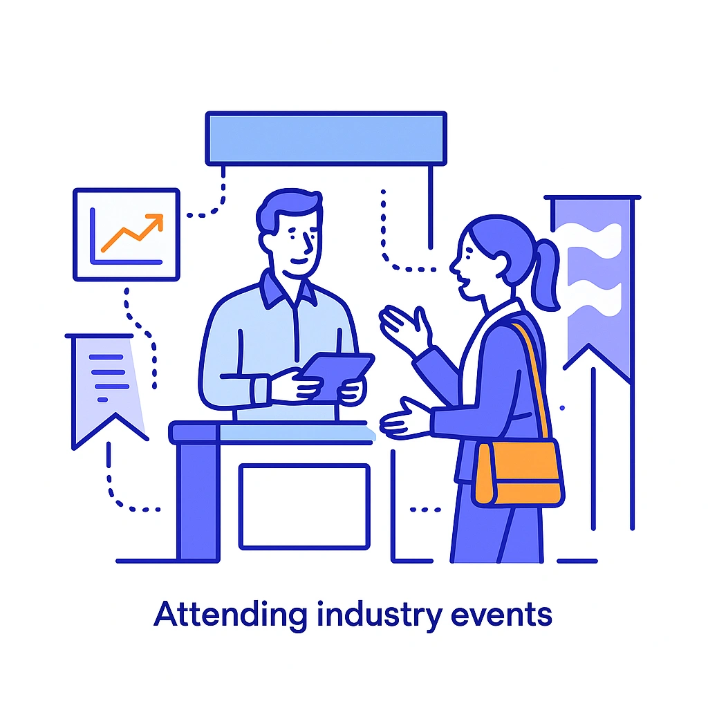 Rep at a booth engaging a visitor amid banners and dotted-line information flows.