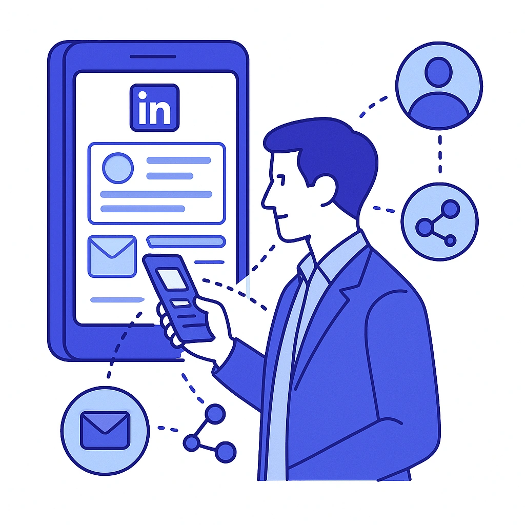 Rep using a smartphone with LinkedIn-style interface and connected network nodes.