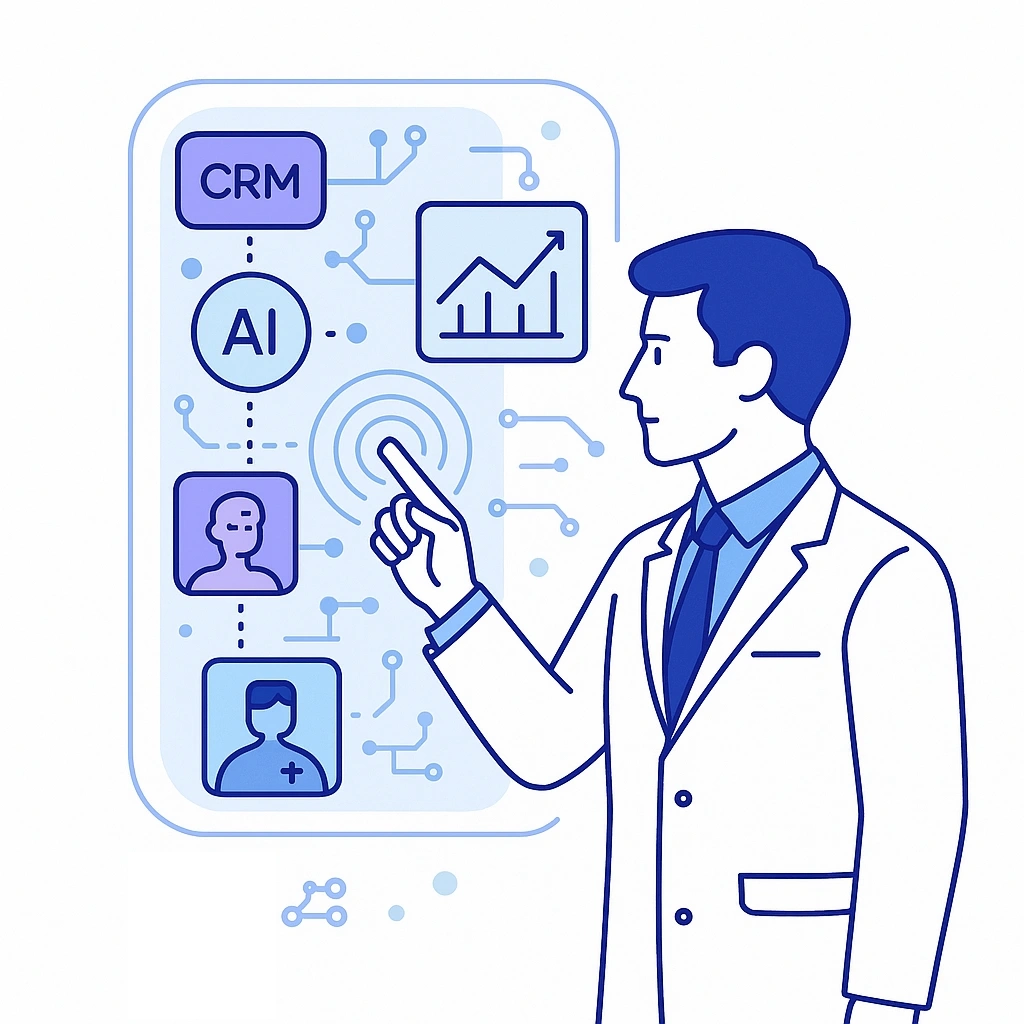 Rep using a holographic dashboard showing AI, CRM, analytics icons with dotted connectors.