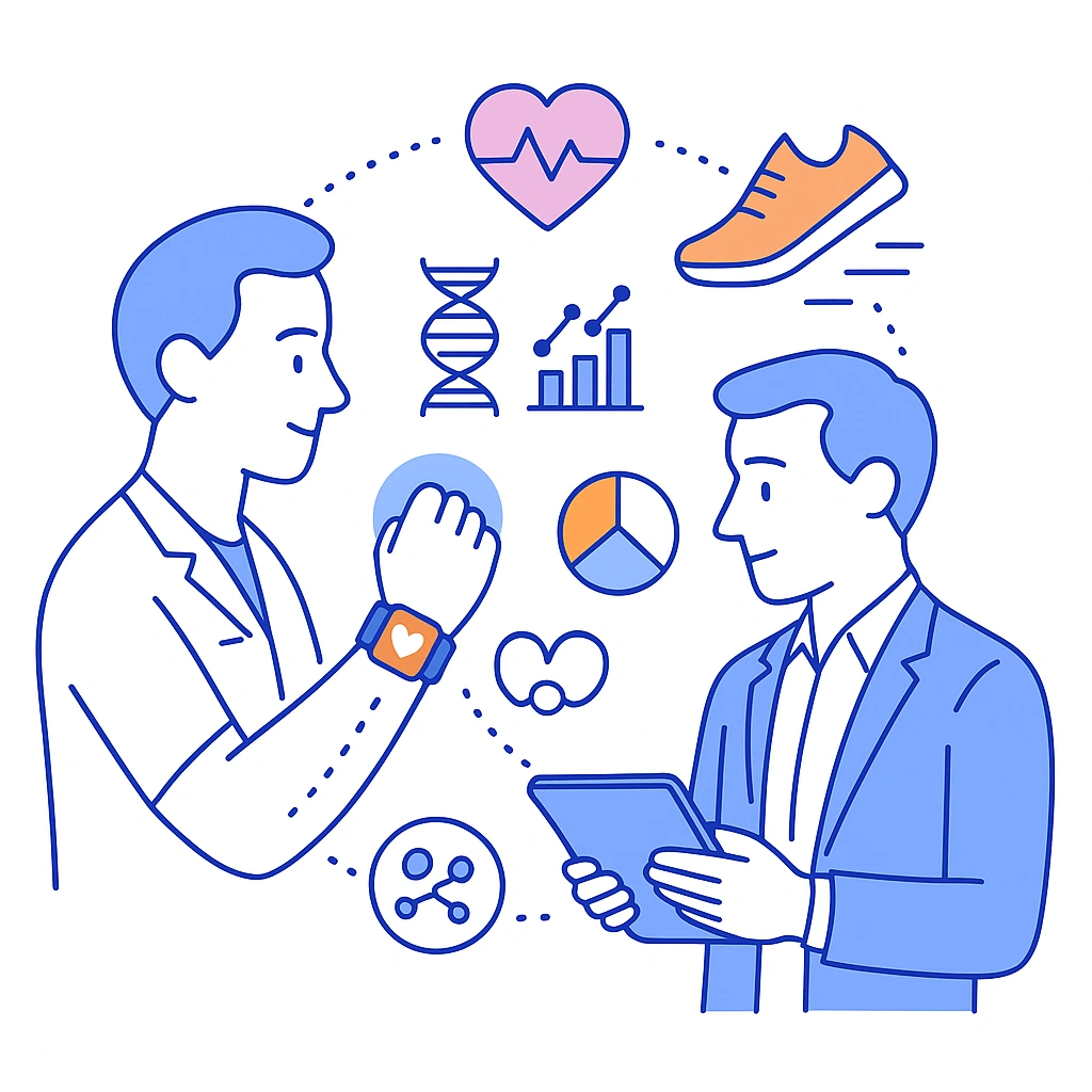 Doctor’s smartwatch sending health data to a rep’s tablet; heart rate, DNA, graph icons.