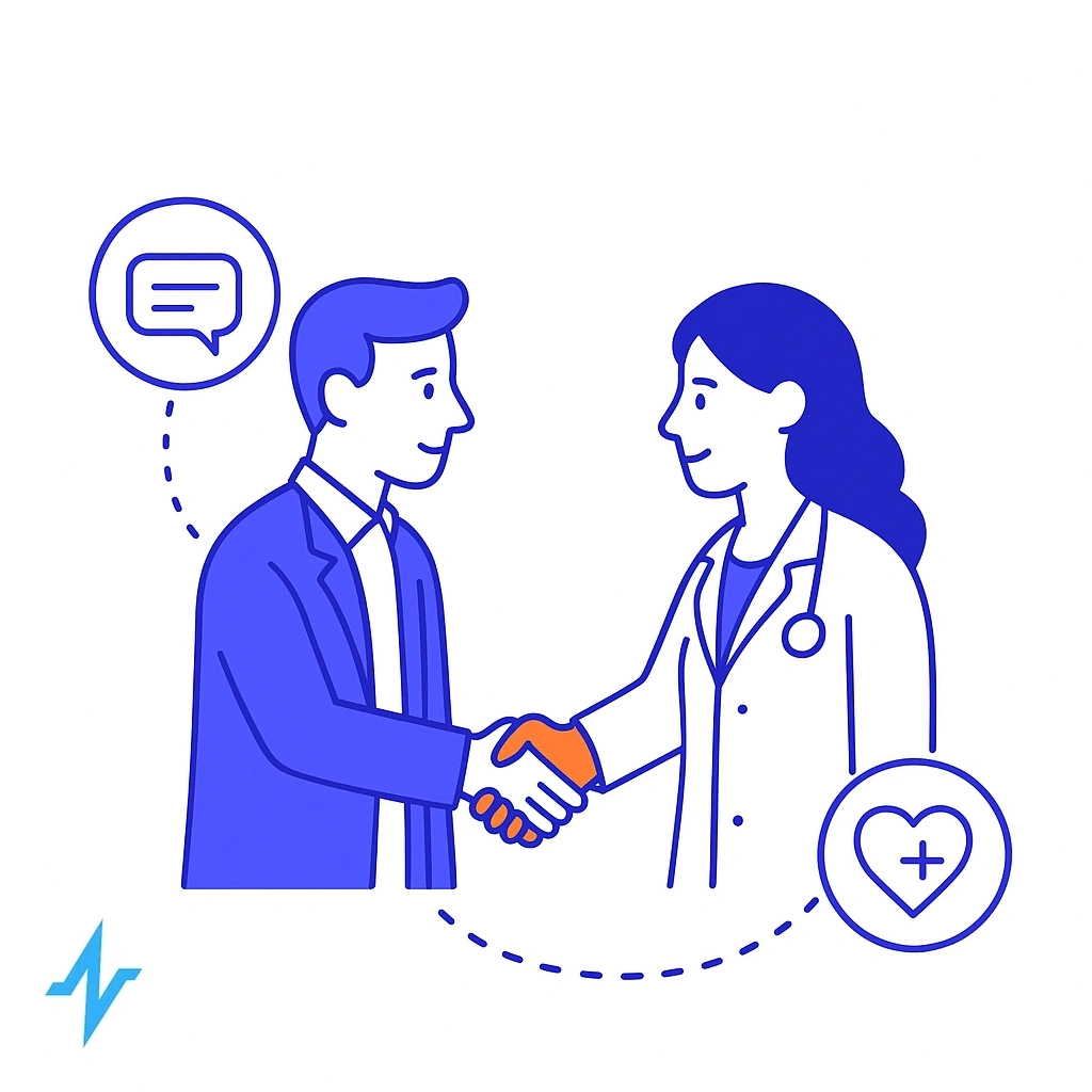 Rep and doctor shaking hands with dotted lines linking trust and communication icons.