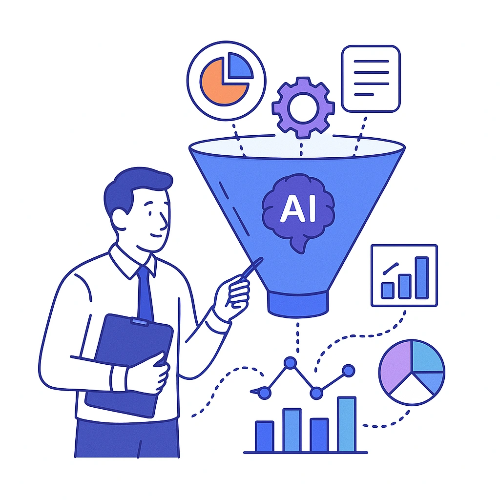Funnel turning raw data into insights; AI processing with charts emerging.