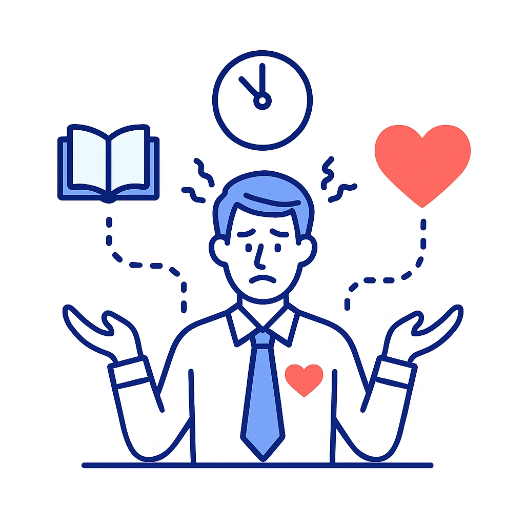 Stressed rep juggling time, info, and relationship symbols connected by dotted lines.