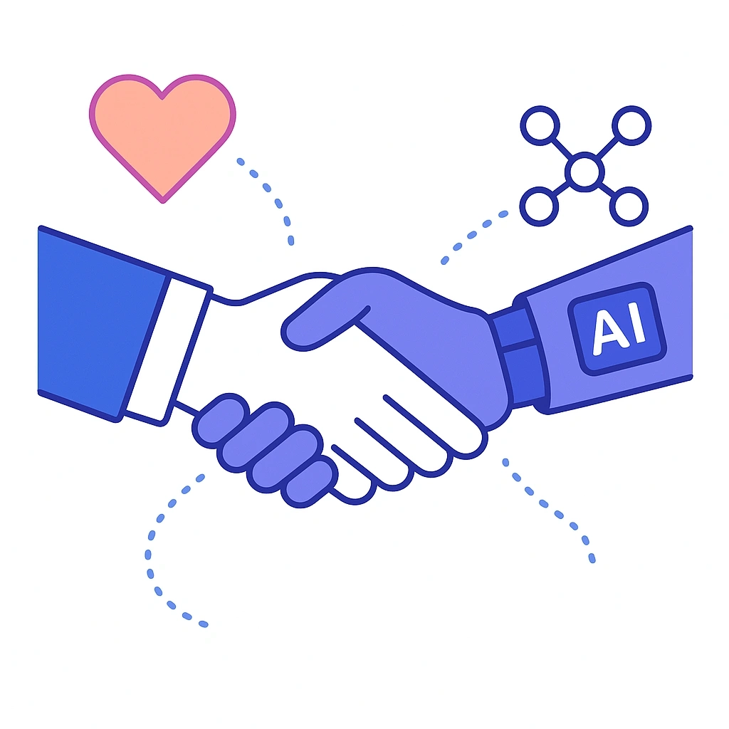 Human and robotic hands shaking with heart and molecule icons highlighting partnership.