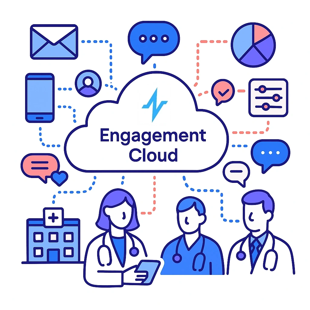 Cloud with “P” connected by dotted lines to email, chat, phone, analytics, segmentation, and doctors.