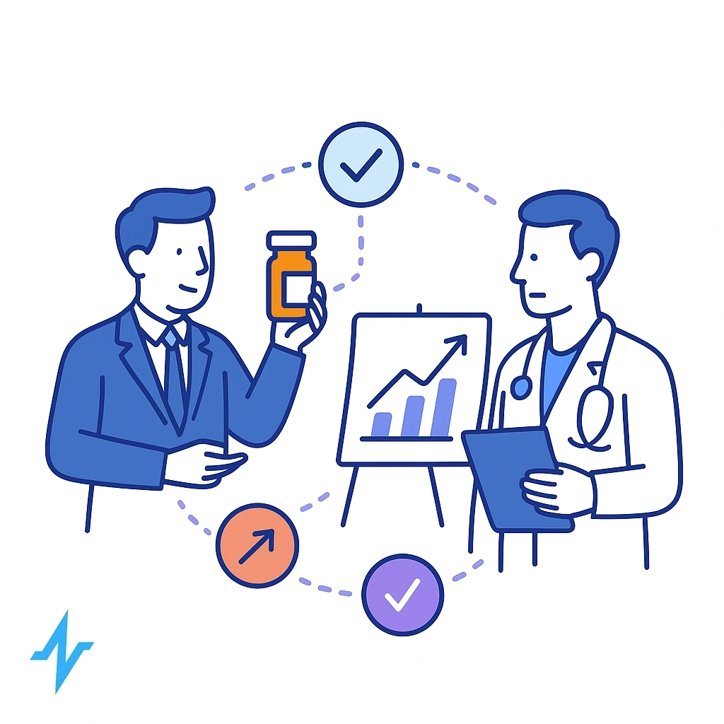 Sales rep surrounded by icons for promoting meds, samples, education, and calls, linked by dots.