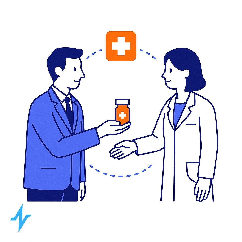 Rep handing a highlighted medication sample to a provider with dotted-line exchange.