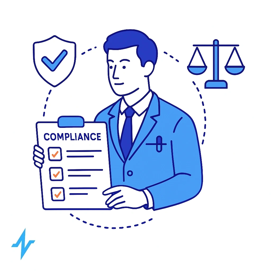 Rep holding a compliance checklist; shield and scales icons connected by dotted lines.