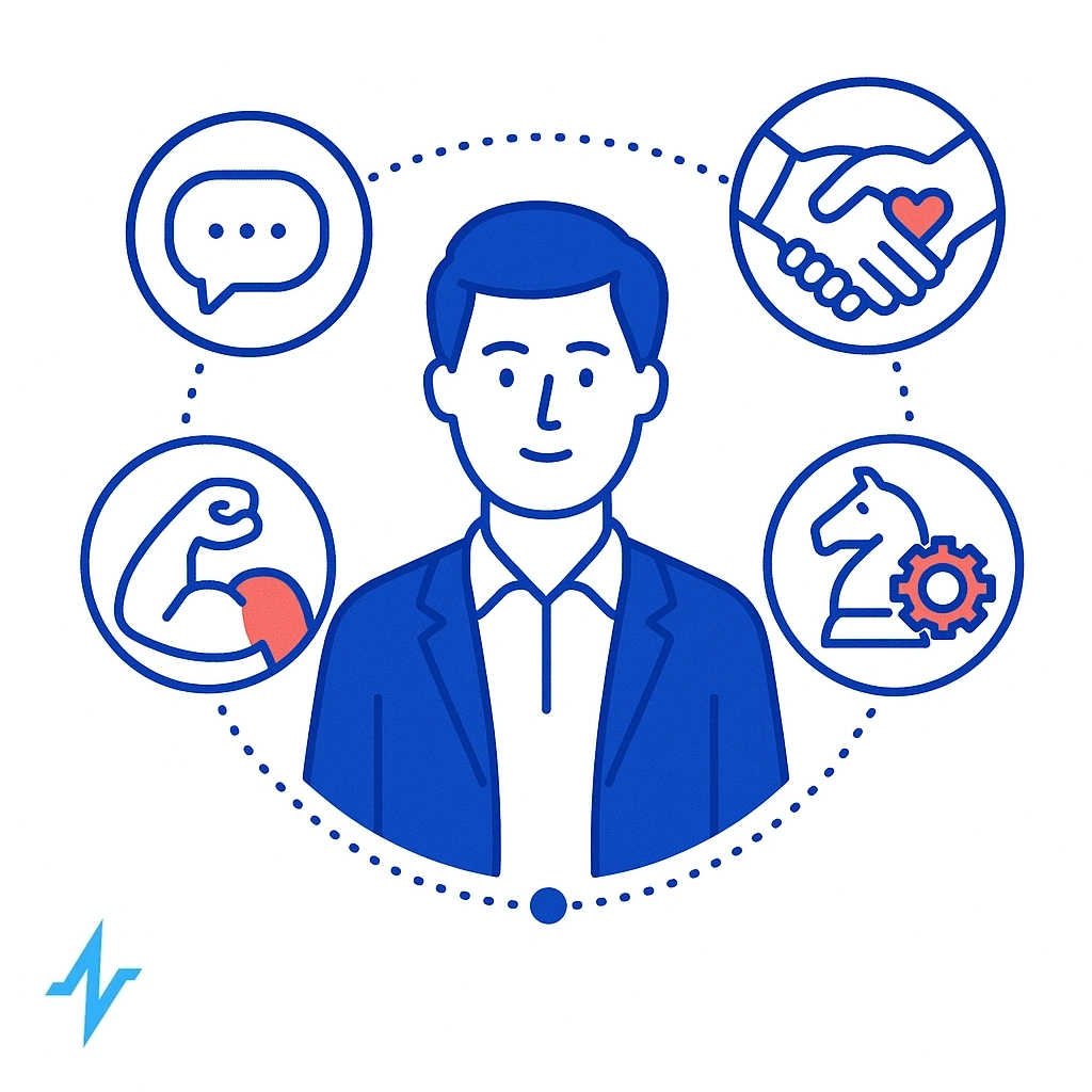 Rep surrounded by icons for communication, interpersonal skills, resilience, strategy, motivation.
