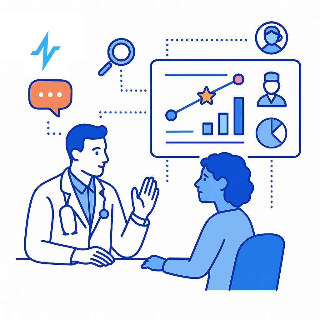 Doctor and patient connected by predictive analytics with dotted-line links on a clean white background.