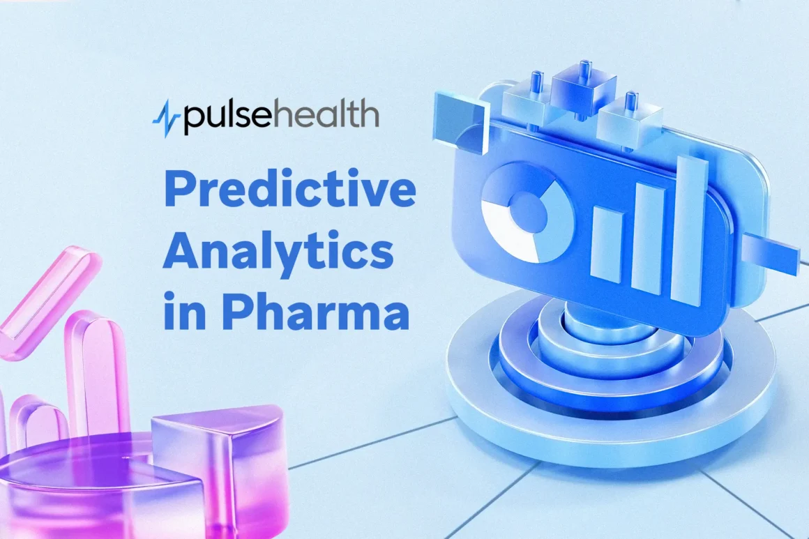 3D blue dashboard with pie and bar charts beside the Pulse Health logo, illustrating predictive analytics in pharma.
