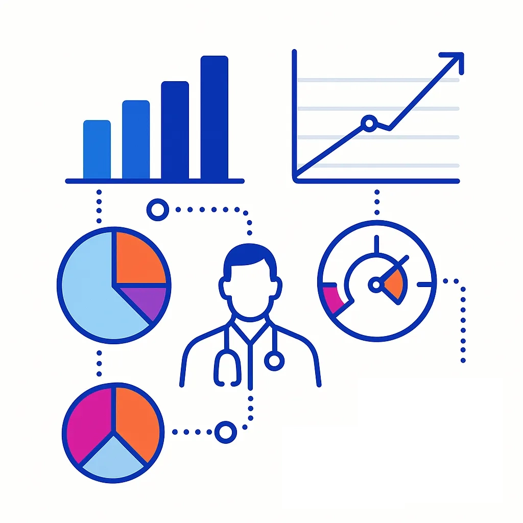 Grouped bar, line, pie, and gauge charts linked by dotted lines on white background.