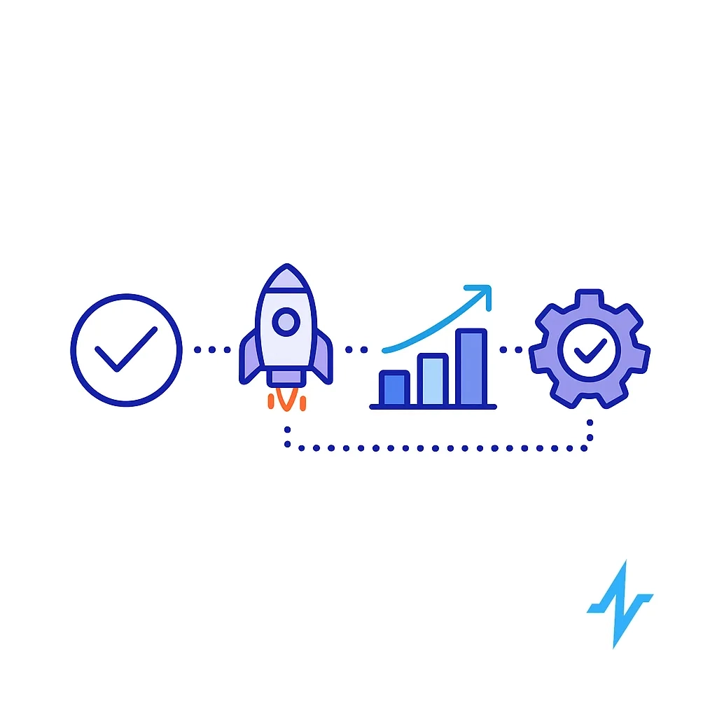 Horizontal timeline with checkmark, rocket, bar chart, and gear icons showing readiness to optimize.