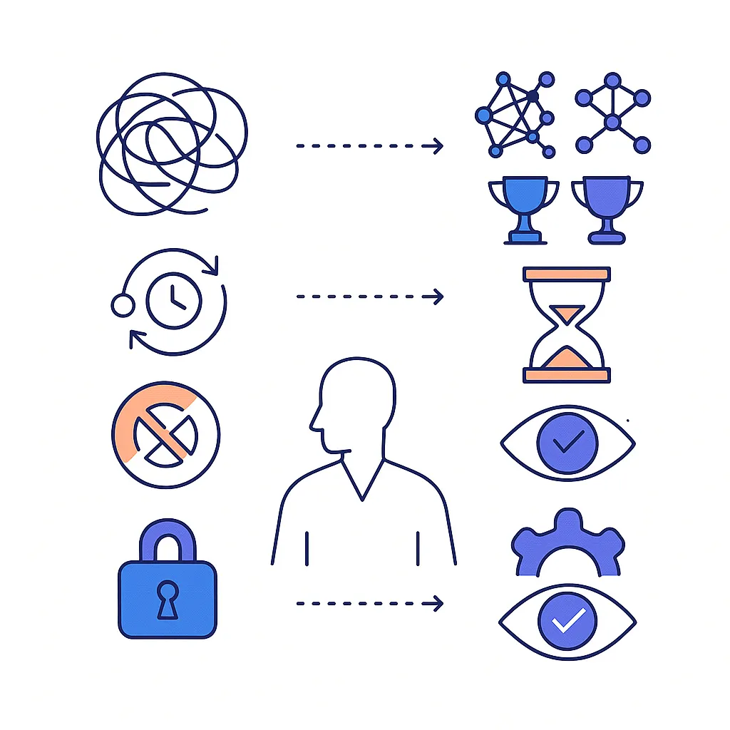 Paired icons contrasting mega models with fixes like champion tests and transparency.