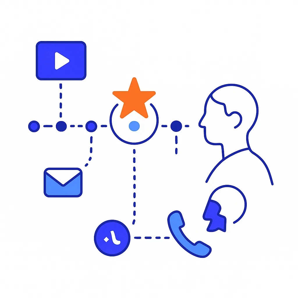 Timeline of touchpoints with a star marking the optimal moment and channel icons nearby.